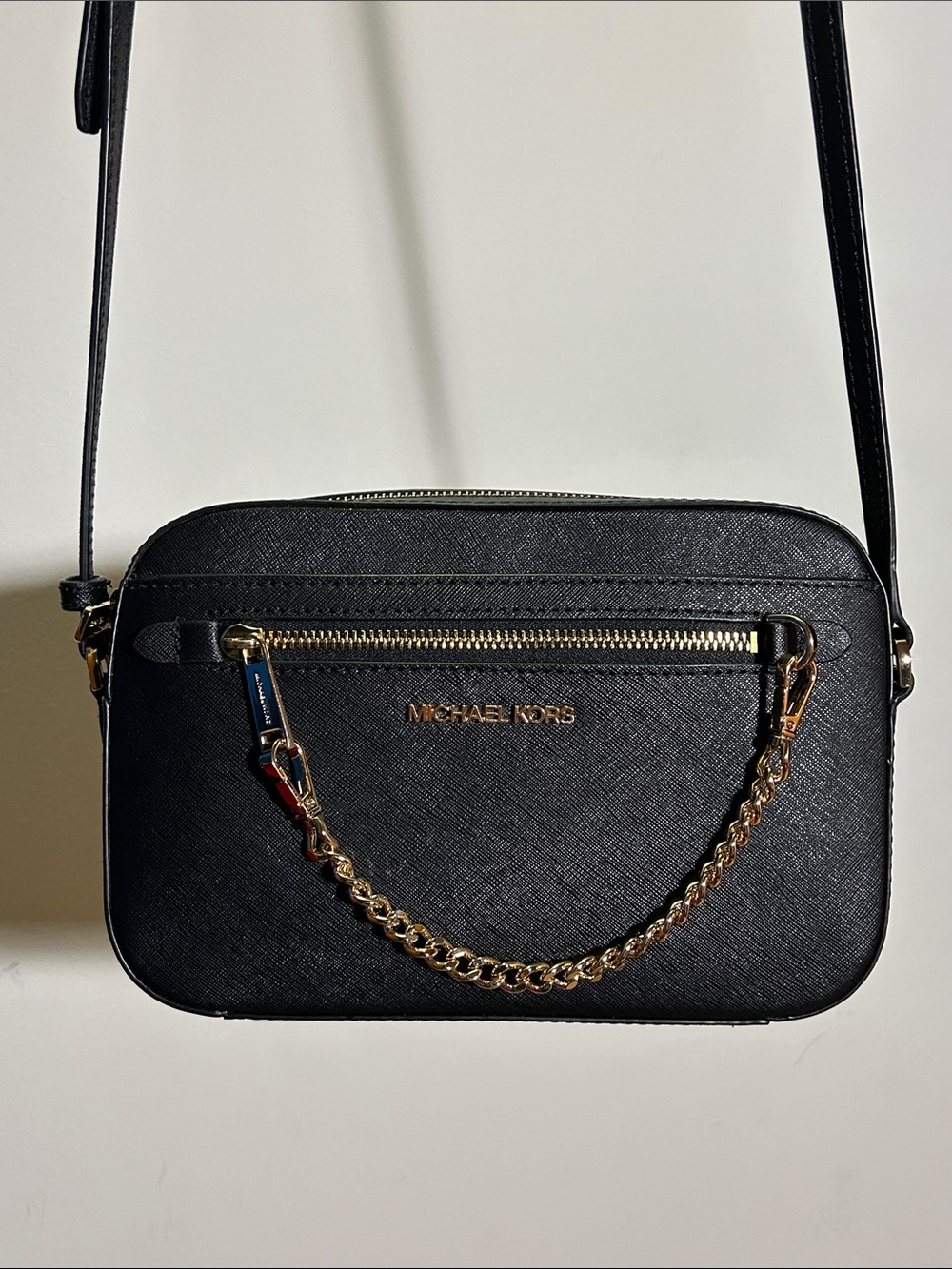 Michael Kors Black Saffiano Crossbody with Gold Chain Detail